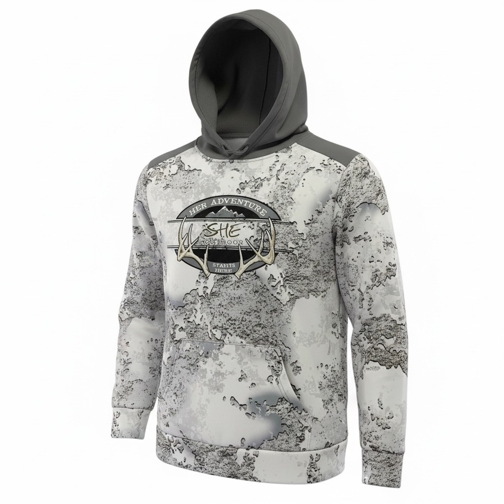 SHE Outdoor Camo Hoodie "Her Adventure Starts Here" Graphic Print Women's Medium